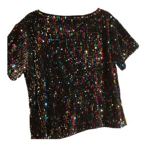 She + Sky Multicolor Sequin Short Sleeve Top Festival Glam Sparkle Party Top Med